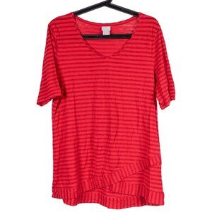 Striped Shirt L Red Scoop Neck Short Sleeve Stretch Casual Cotton Casual Summer